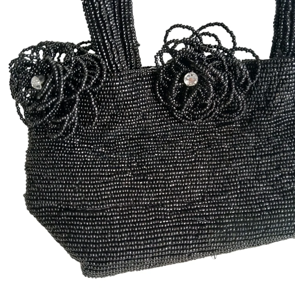 Vintage 80's Bag Black Glass Beads Beaded Strap Satin Lined Florets
